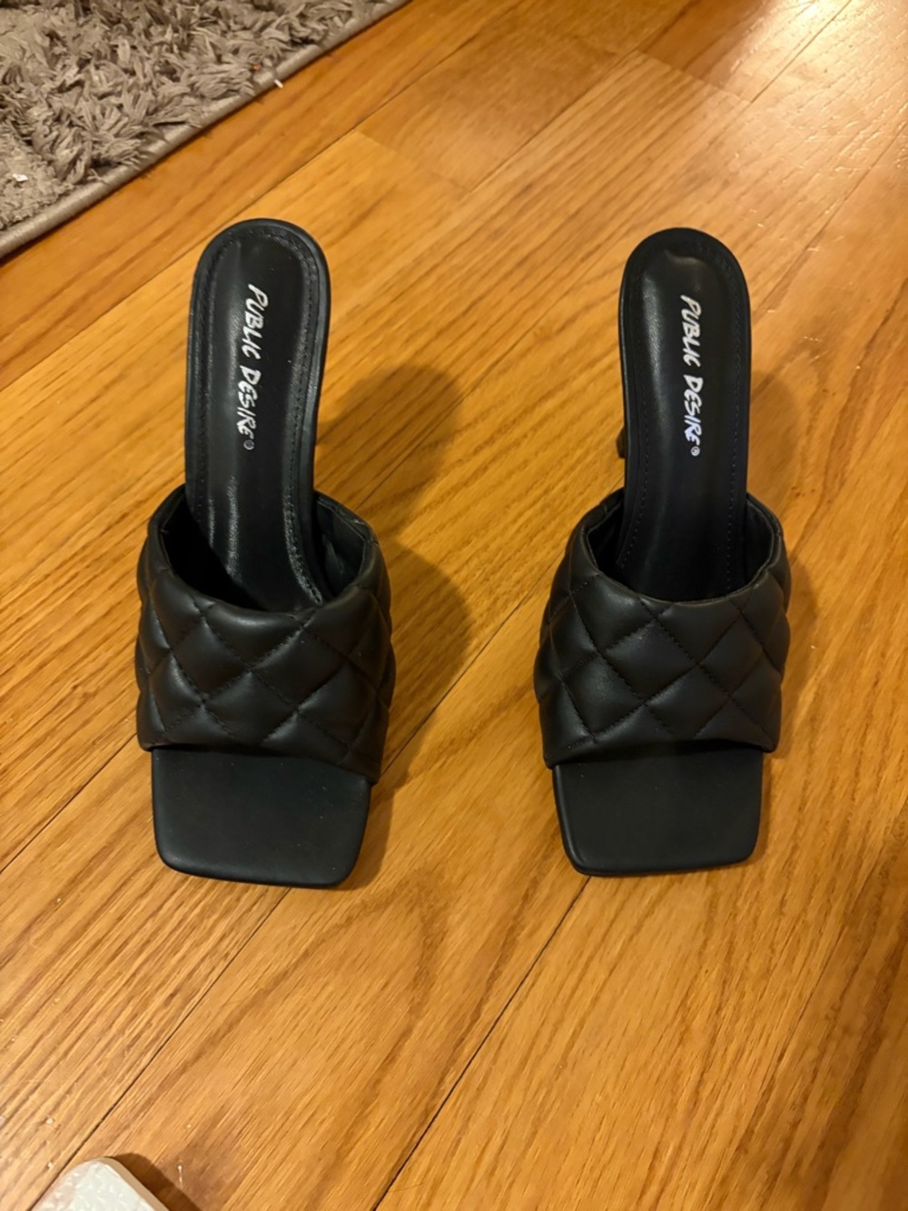 Public Desire Black Quilted Slide Mules with Square Toe